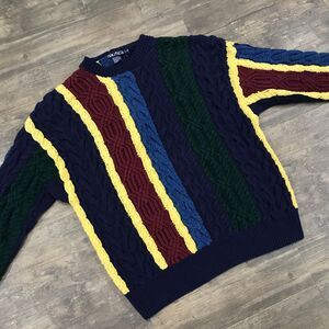 Vintage Nautica 90's Handknit Crewneck Sweater Stiped Chunky Knit Men Size Large